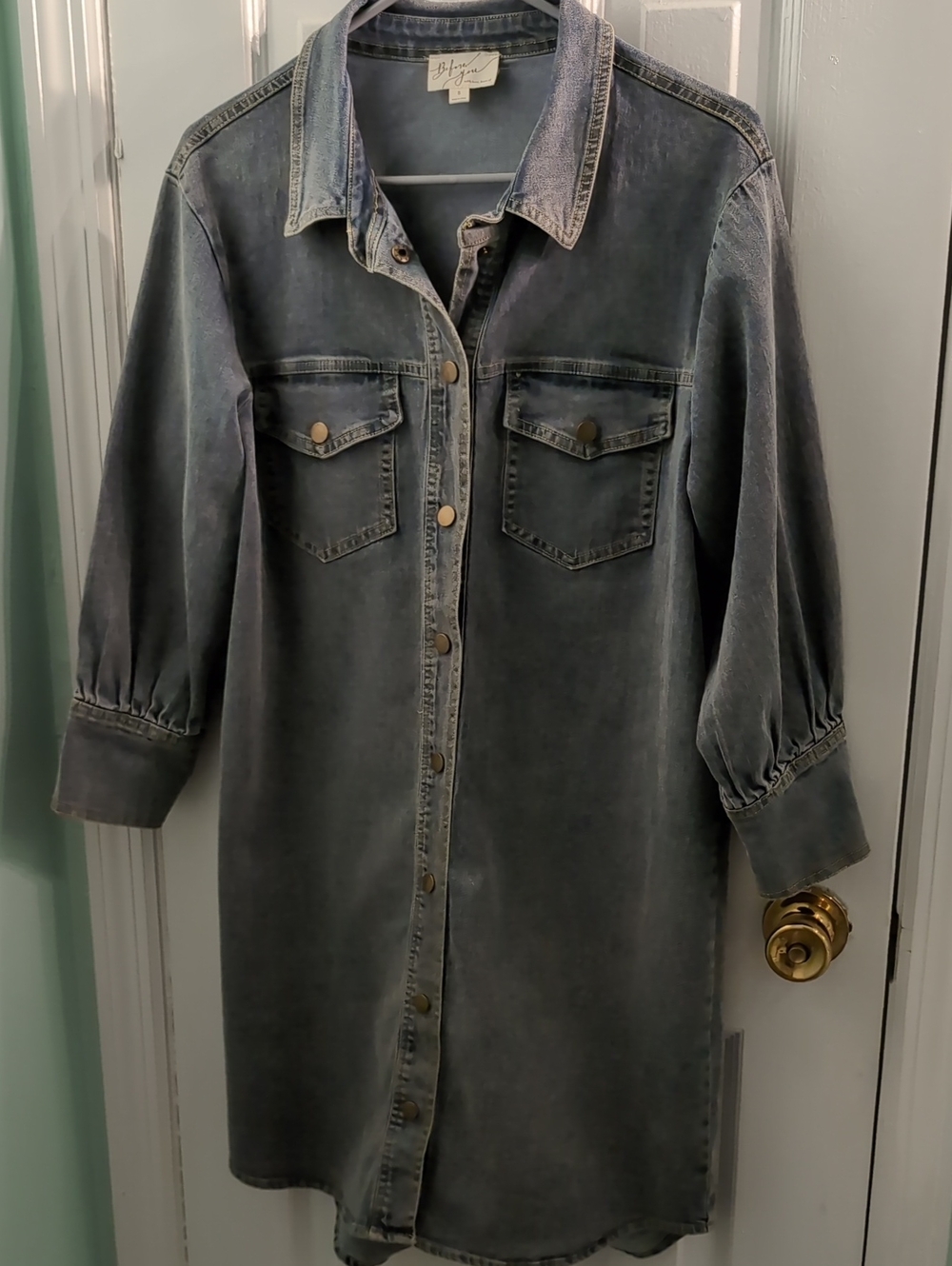 Washed Denim Shirt Dress with Snap Button Front